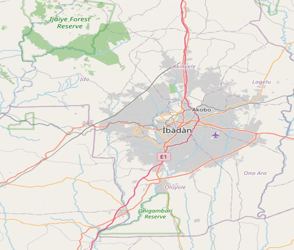Street map of Ibadan showing roads and neighbourhoods